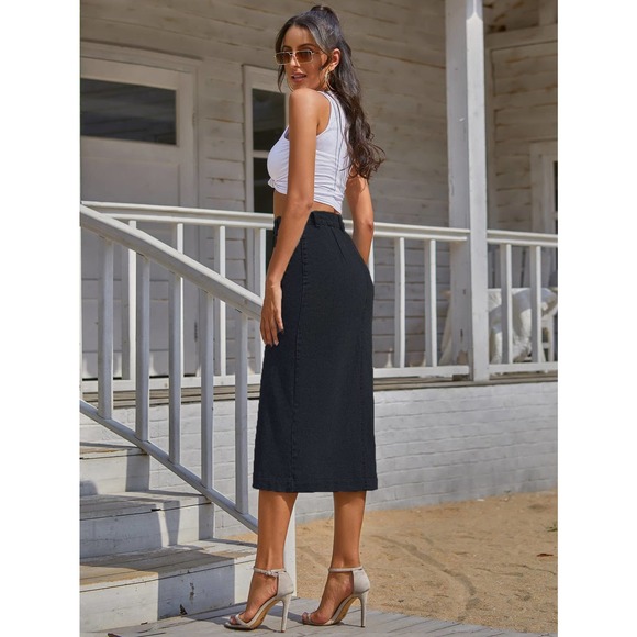 Button Front Longline Denim midi Skirt - Picture 4 of 12